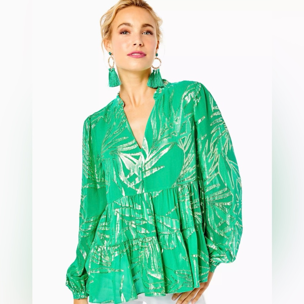 NWOT Lilly Pulitzer Sarita Long Sleeve Silk Top Blouse Ruffles Leaf Pattern 16